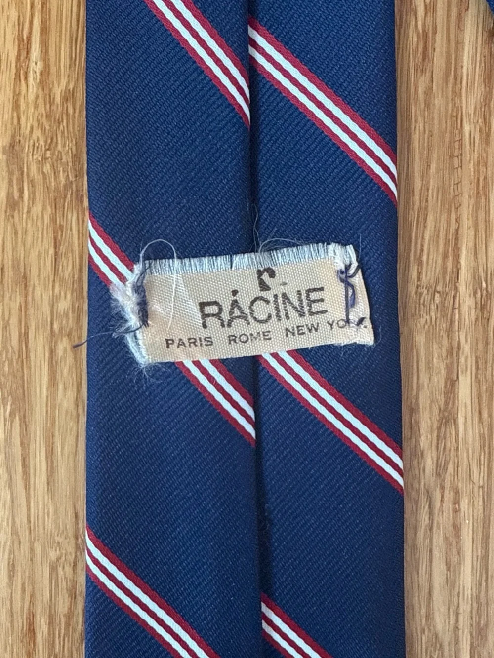 Racine, Paris Classic Navy Blue Stripe Men's Tie with Red and White Accents